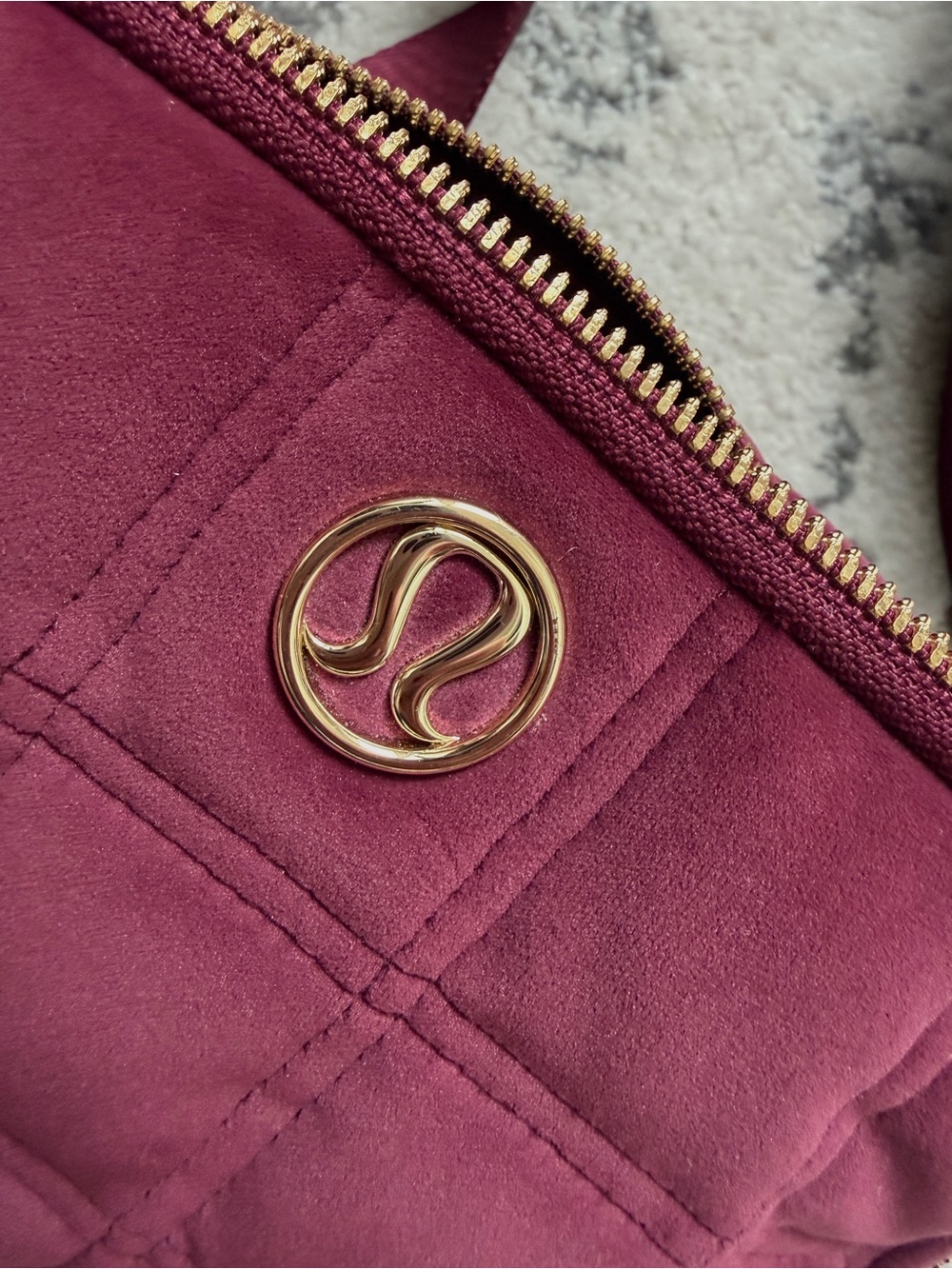 Lululemon Limited Edition Velour Quilted Burgundy Belt Bag with Gold Accent - Picture 10 of 13